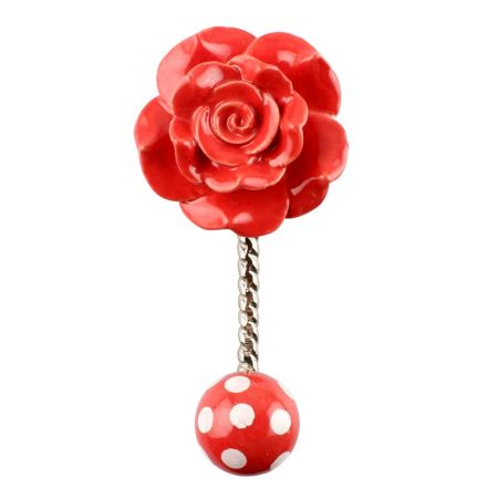 Red Flower Ceramic Wall Hook in Silver Fitting